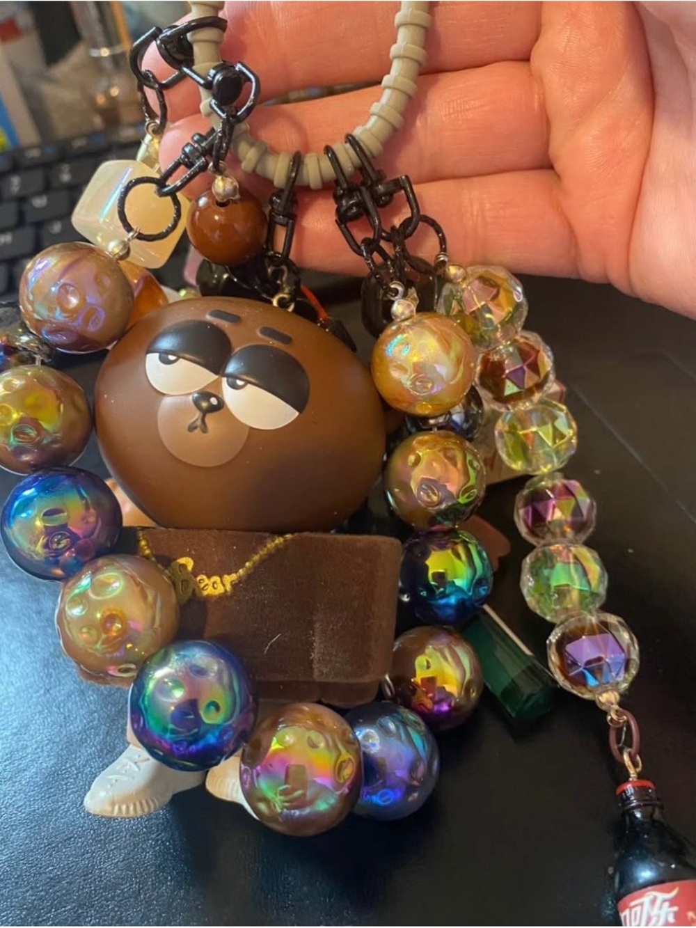Bernie Bear Charm Bag Keychain with Iridescent Beads